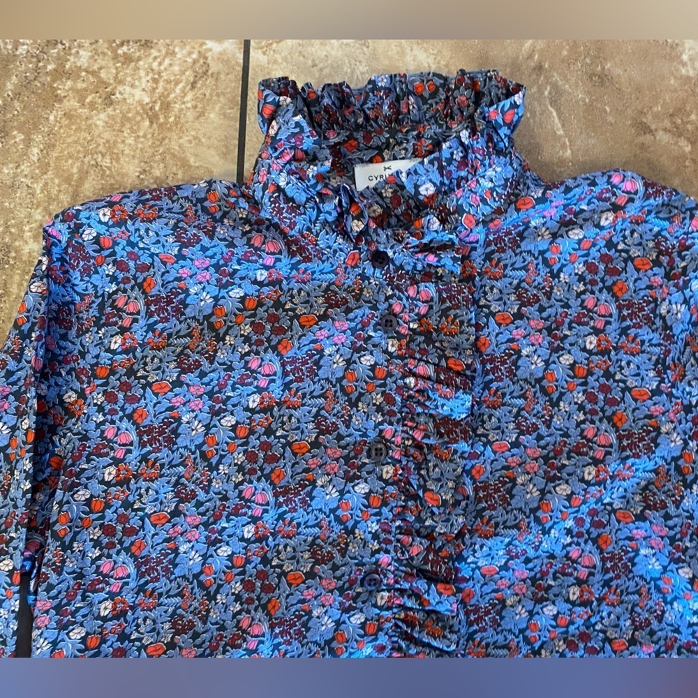 CYRILLUS PARIS Floral Ruffle Mock Neck Blouse Liberty Print Top US 8 FR 38 - Picture 3 of 14